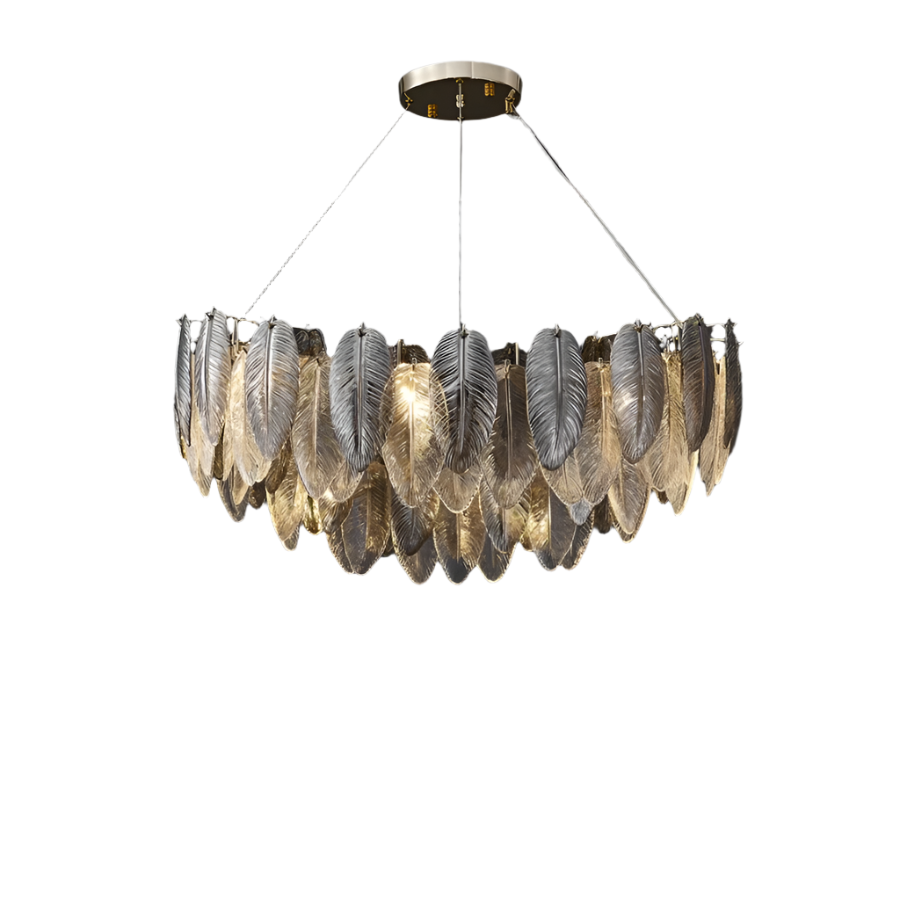 Introducing the Giatti Modern Chandelier by Morsale.com: a luxury lighting fixture boasting a round bronze base with multiple tiers of elegant, feather-shaped pendants crafted from metal and glass. These feathers are intricately arranged in a circular pattern and are illuminated by G9 LED bulbs, casting a warm and stylish glow.