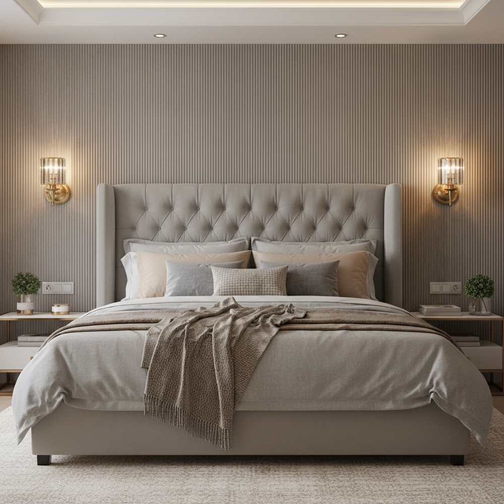 A modern bedroom featuring a large tufted headboard bed in neutral tones, layered bedding with a throw blanket, and contemporary lighting from Morsale's Gio Crystal Sconce above matching bedside tables topped with small potted plants.