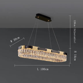 The Siena Contemporary Crystal Light Fixture by Morsale.com is a luxurious rectangular pendant mount chandelier with dimensions of 100 cm in length, 30 cm in width, and 14 cm in height. It features an adjustable hanging length of up to 120 cm, suspended by four wires from a brass-toned frame.