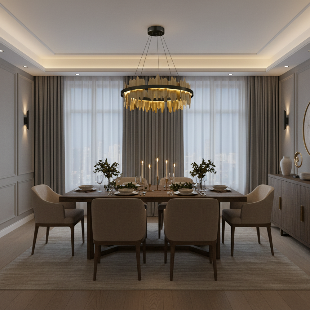
                  
                    A modern dining room features a rectangular table for six, neutral upholstered chairs, lit candles, elegant place settings, large windows with sheer curtains, and the Rivaro Brass Modern Chandelier by Morsale.com as the striking centerpiece.
                  
                