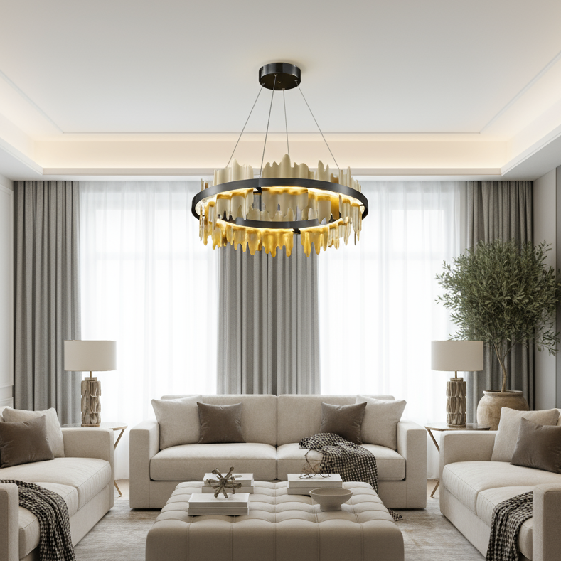 
                  
                    A modern living room features beige sofas, a round coffee table, two lamps, and the Nera Brass Modern Chandelier by Morsale.com. Tall windows with gray curtains bring in light, and a potted plant sits in the corner.
                  
                