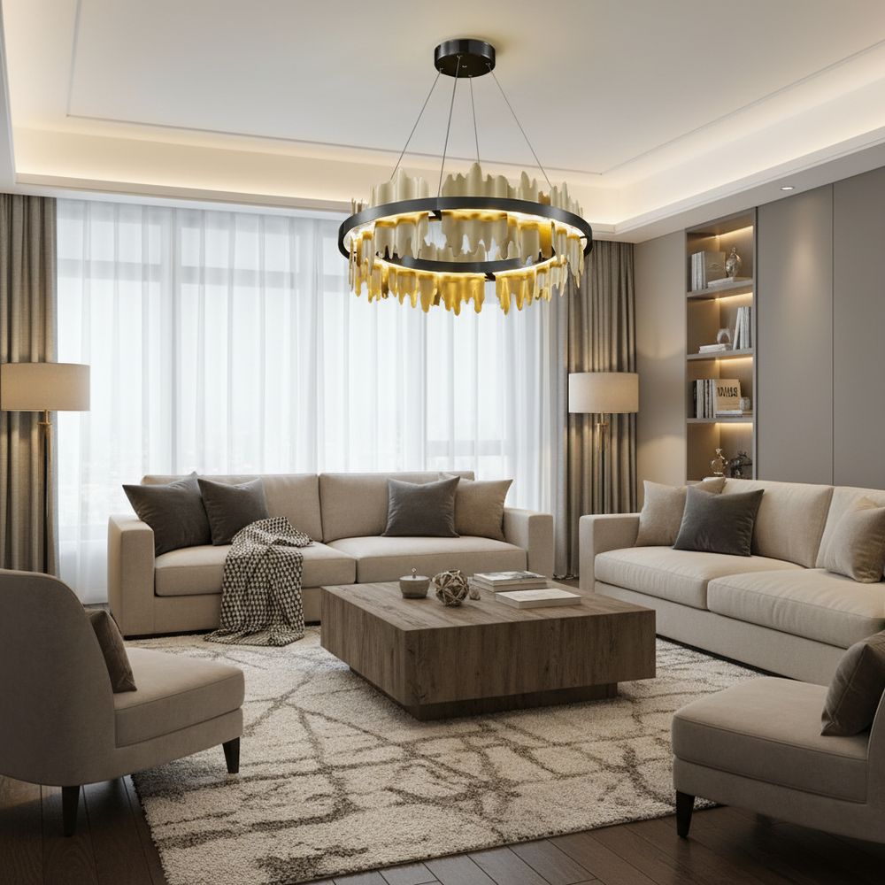 
                  
                    A modern living room with beige sofas, a wooden coffee table, built-in shelves, a geometric rug, and the Rivaro Brass Modern Chandelier from Morsale.com. Soft natural light passes through sheer curtains on tall windows, complementing the lighting.
                  
                