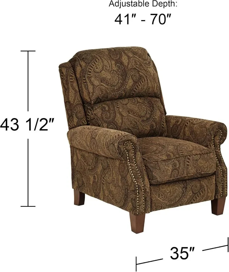 The Beaumont Paisley Recliner Chair by Morsale features a brown paisley pattern, nailhead trim on the arms, and sturdy wooden legs. Originating from Mainland China, it measures 43.5 inches high, 35 inches wide, with an adjustable depth of 41 to 70 inches—ideal for any stylish setup.