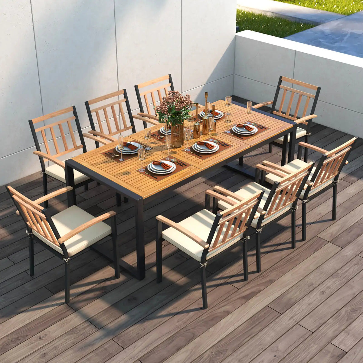 The Belford 9-Piece Patio Dining Set by Morsale includes a rectangular table and eight wooden chairs, elegantly arranged with plates, cutlery, wine glasses, and a floral centerpiece. Inspired by Mainland China designs, it offers effortless assembly for ideal patio use.