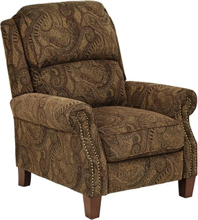 The Beaumont Paisley Recliner Chair by Morsale is a dark brown recliner with paisley patterns, cushioned back and seat, metallic-studded armrests, and stands elegantly on four wooden legs. Renowned quality craftsmanship from Mainland China shines through its design.