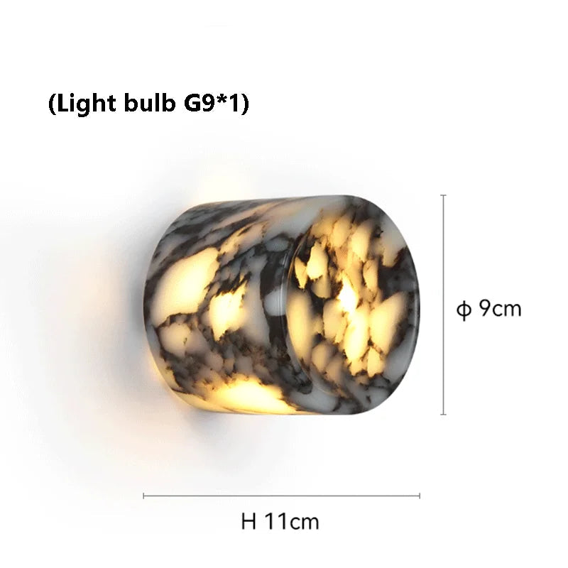 
                  
                    Marble-patterned wall light fixture with dimensions on a white background
                  
                