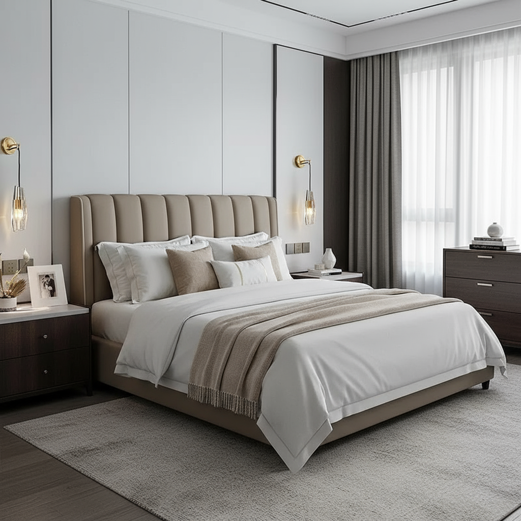 A modern bed with neutral bedding and a beige upholstered headboard is flanked by dark wood nightstands. The serene bedroom features the Morsale Barrow Crystal Wall Sconce, framed photos, and a large window with sheer curtains.