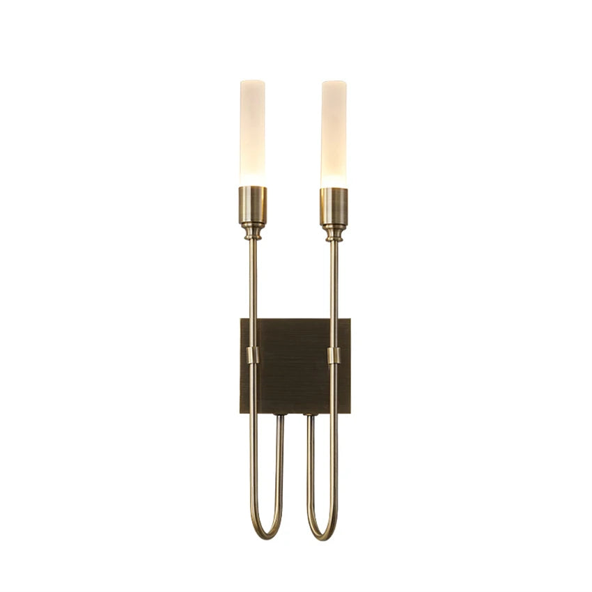 The Candela Contemporary Wall Sconce by Morsale features a rectangular base with two vertical, tubular LED lights. This modern lighting fixture, equipped with frosted glass covers mounted on metallic rods, showcases a sleek and minimalist design against a white background.