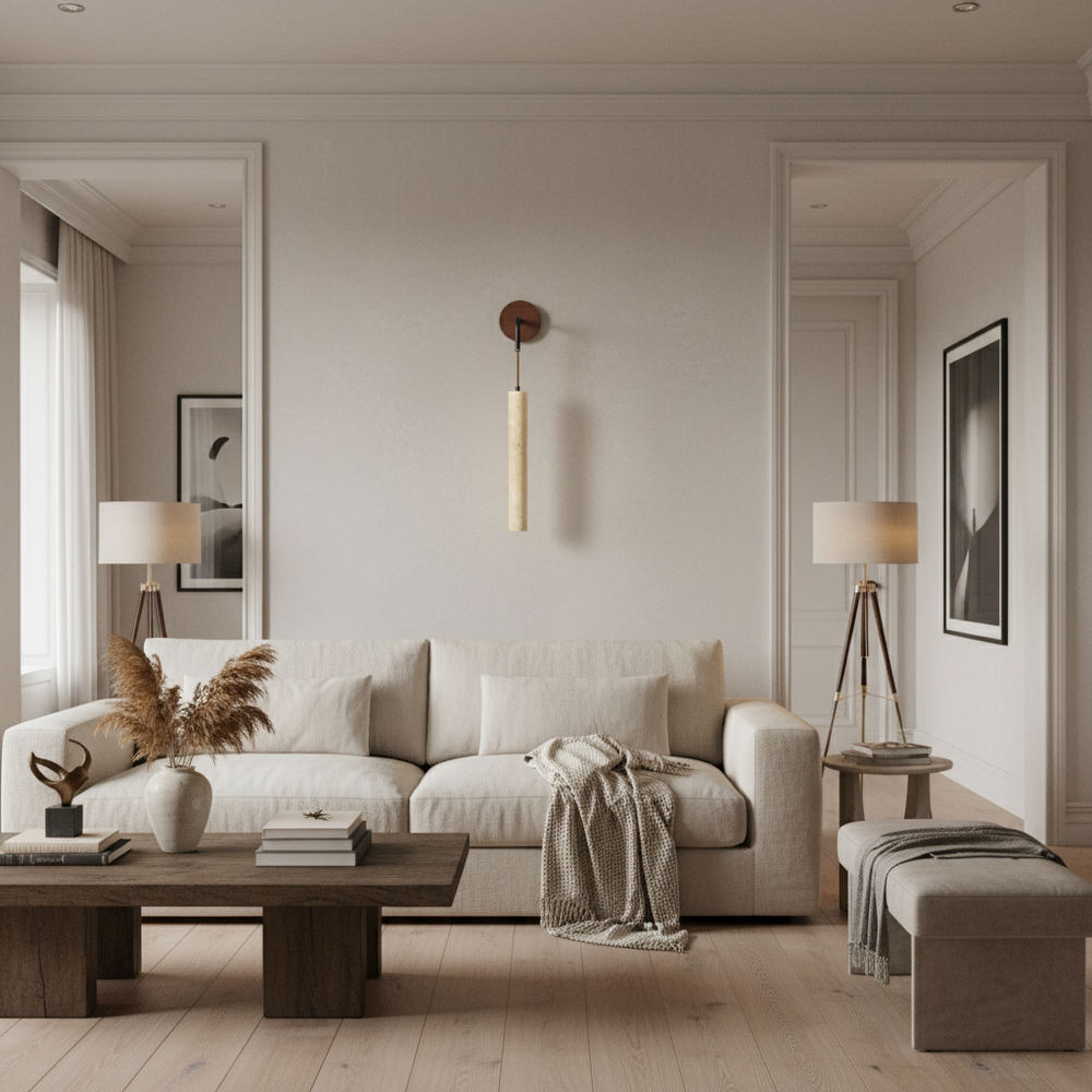 
                  
                    A modern living room with a beige sofa, neutral decor, wooden coffee table with books and vases, floor lamps, black-and-white wall art, and soft natural stone lighting from the Terra Travertine Sconce by Morsale.
                  
                