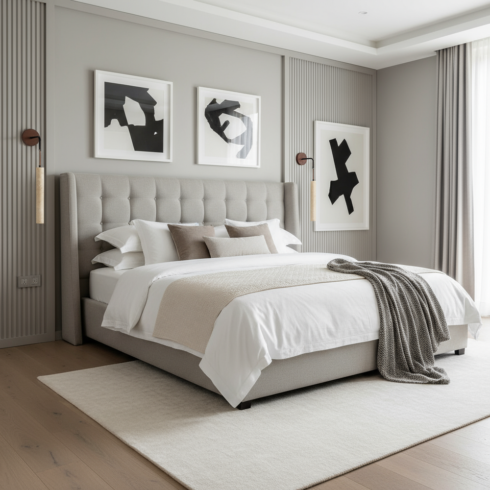 A modern bedroom features a tufted gray bed, white bedding, beige and brown pillows, a gray throw, and abstract black-and-white art. Morsale’s Terra Travertine Sconces add elegance as light fills the room through tall windows with beige curtains.