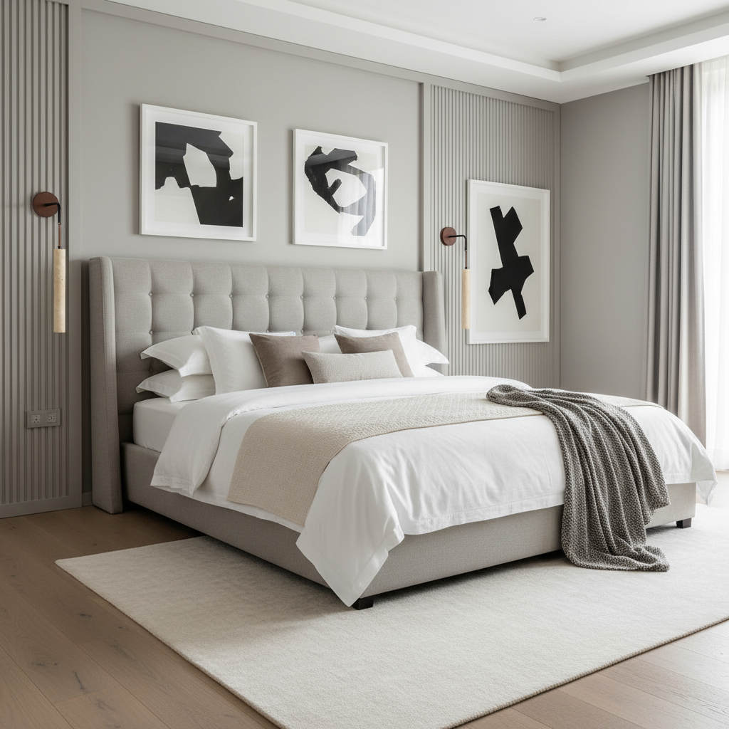 A modern bedroom features a tufted gray bed, white bedding, beige and brown pillows, a gray throw, and abstract black-and-white art. Morsale’s Terra Travertine Sconces add elegance as light fills the room through tall windows with beige curtains.