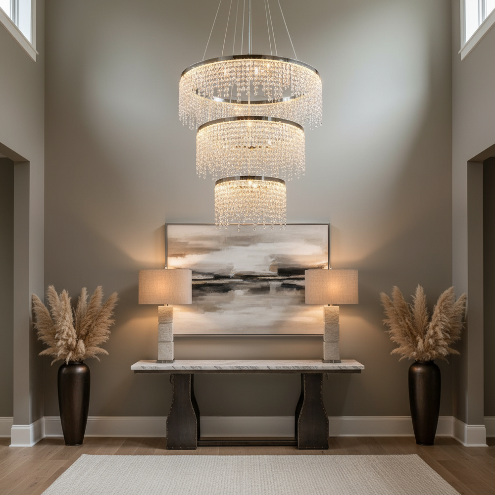 A modern entryway with gray walls, an Alleri Crystal Foyer Chandelier by Morsale, a console table, two table lamps, a large abstract painting, and tall vases with pampas grass. Light wood flooring and a neutral rug complete the look.