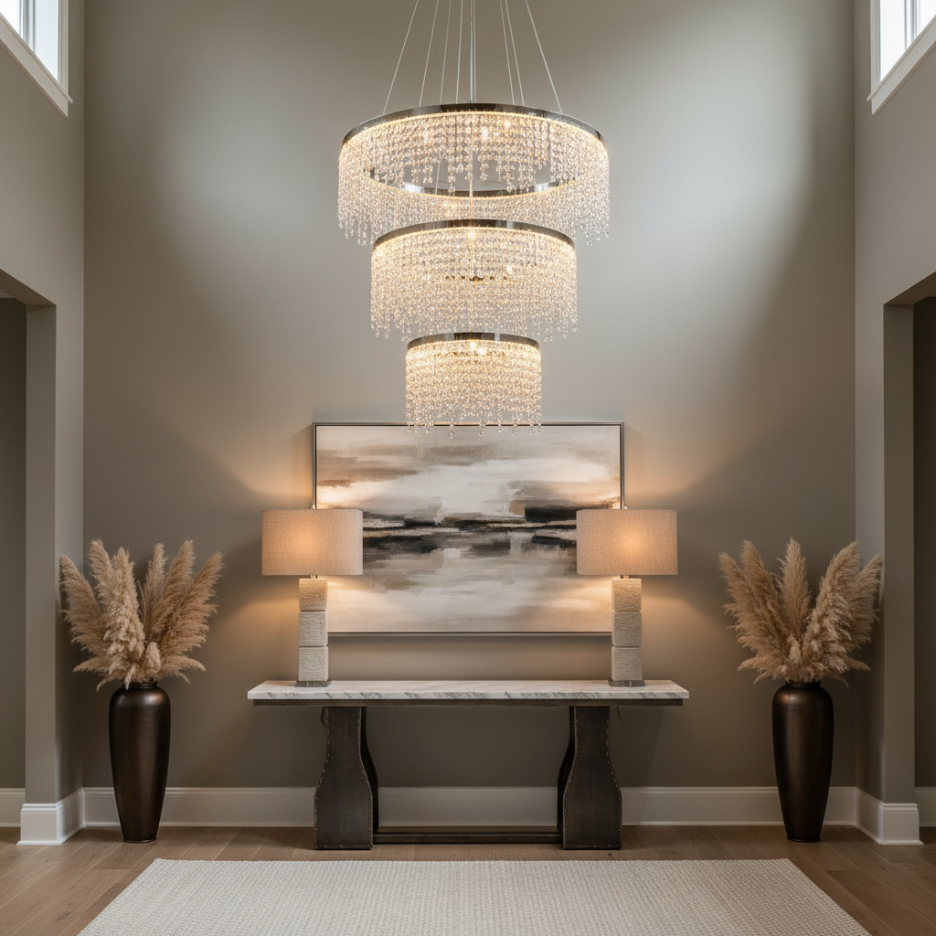 A modern entryway with gray walls, an Alleri Crystal Foyer Chandelier by Morsale, a console table, two table lamps, a large abstract painting, and tall vases with pampas grass. Light wood flooring and a neutral rug complete the look.