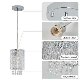 The Morsale Alleri Crystal Pendant Lights, Set of 3, features a chrome finish and E26 socket. Crafted from aluminum with 8 crystal chains in a sleek cylindrical design, these lights offer modern elegance and easy installation.