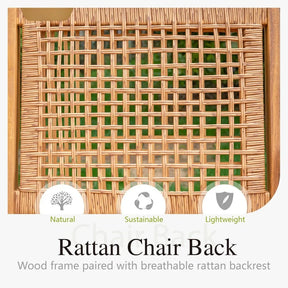 Close-up of a woven rattan chair back with a strong teak frame. Icons below showcase features: "Natural" with a tree, "Sustainable" with a recycle sign, and "Lightweight" with a feather. Text reads: "Brackley Chair Back - Teak frame paired with breathable tropical rattan backrest by Morsale.