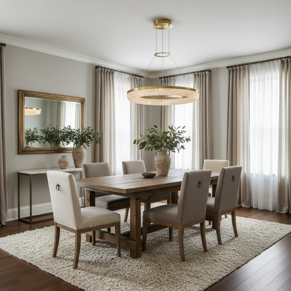 A modern dining room features a wooden table, six beige upholstered chairs, a textured rug, large windows with beige curtains, a gold-framed mirror, and potted plants as centerpieces under the Bergamo Modern Chandelier by Morsale.com.