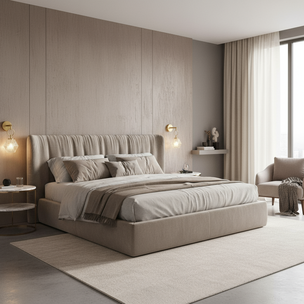 A modern bedroom featuring a large upholstered bed, neutral bedding, side tables, a cozy armchair, floor-to-ceiling windows with beige and gray sheer curtains, and the Emilia Copper & Glass Wall Pendant by Morsale for stylish lighting.
