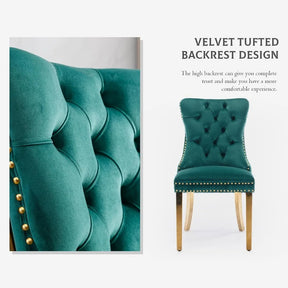 Close up of a Morsale tufted dining chair backrest, green velvet with button detailing and gold trim on the left. Full view shows modern wooden legs, emphasizing the comfort and trust from its high back design crafted from solid wood. Part of the "Tufted Dining Chairs, Set of 6" by Morsale.