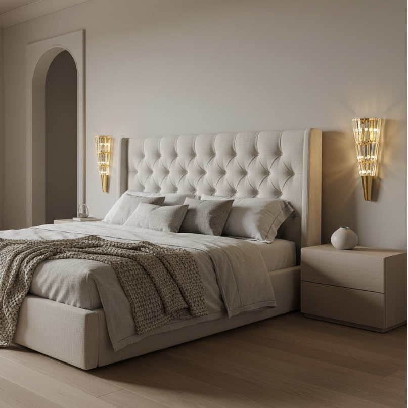 A modern bedroom featuring a large tufted beige bed, cozy gray blankets, wooden floors, a light wood nightstand, a small white vase, and two Morsale Gio Crystal Wall Sconces for elegant contemporary lighting and inviting ambiance.