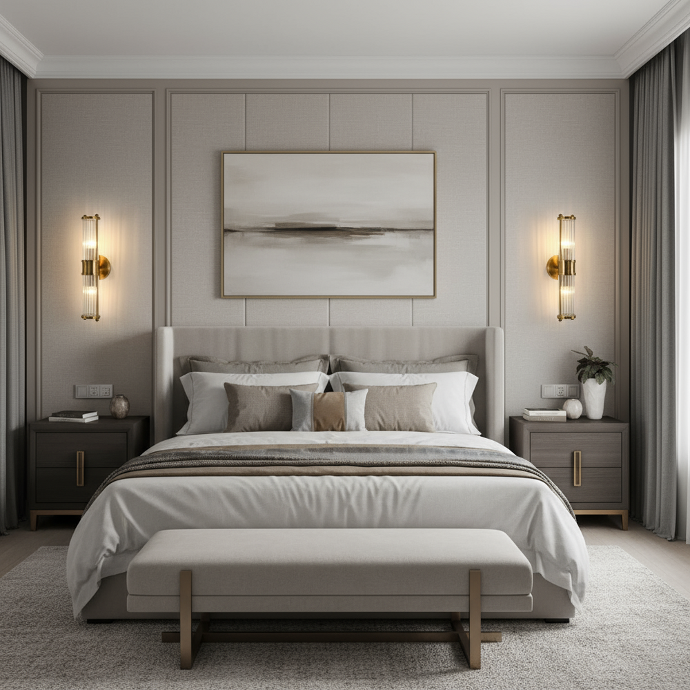A modern bedroom features a large bed with neutral bedding, two dark nightstands, YEBMLP Palermo 2-Light Sconces above them, long curtains, a bench at the foot of the bed, and a minimalist abstract painting over the headboard.