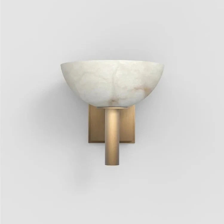 The Spanish Marble & Copper Antique Sconce by Morsale is a modern LED wall fixture featuring a half-bowl shade with a marble-like finish and a brushed gold base, beautifully highlighted against a simple gray backdrop.