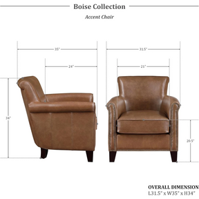Front and side views of the Top Grain Genuine Leather Accent Chair from Morsale's Boise Collection in brown, featuring nailhead trim. This modern piece measures 35"D x 24" seat W x 31.5" total W x 34"H, with a seat height of 20.5", crafted for timeless appeal.