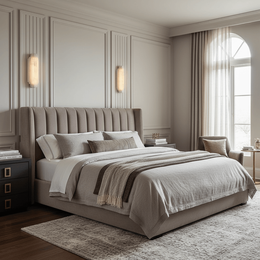 A modern, elegant bedroom features a tufted beige bed, layered neutral bedding, two black nightstands, a beige armchair, and a large window with sheer curtains, accented by the Morsale Arina Marble Sconce for a sophisticated touch.