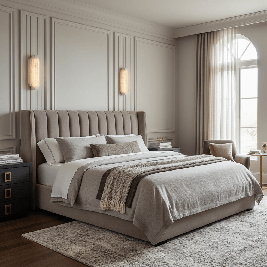 A modern, elegant bedroom features a tufted beige bed, layered neutral bedding, two black nightstands, a beige armchair, and a large window with sheer curtains, accented by the Morsale Arina Marble Sconce for a sophisticated touch.