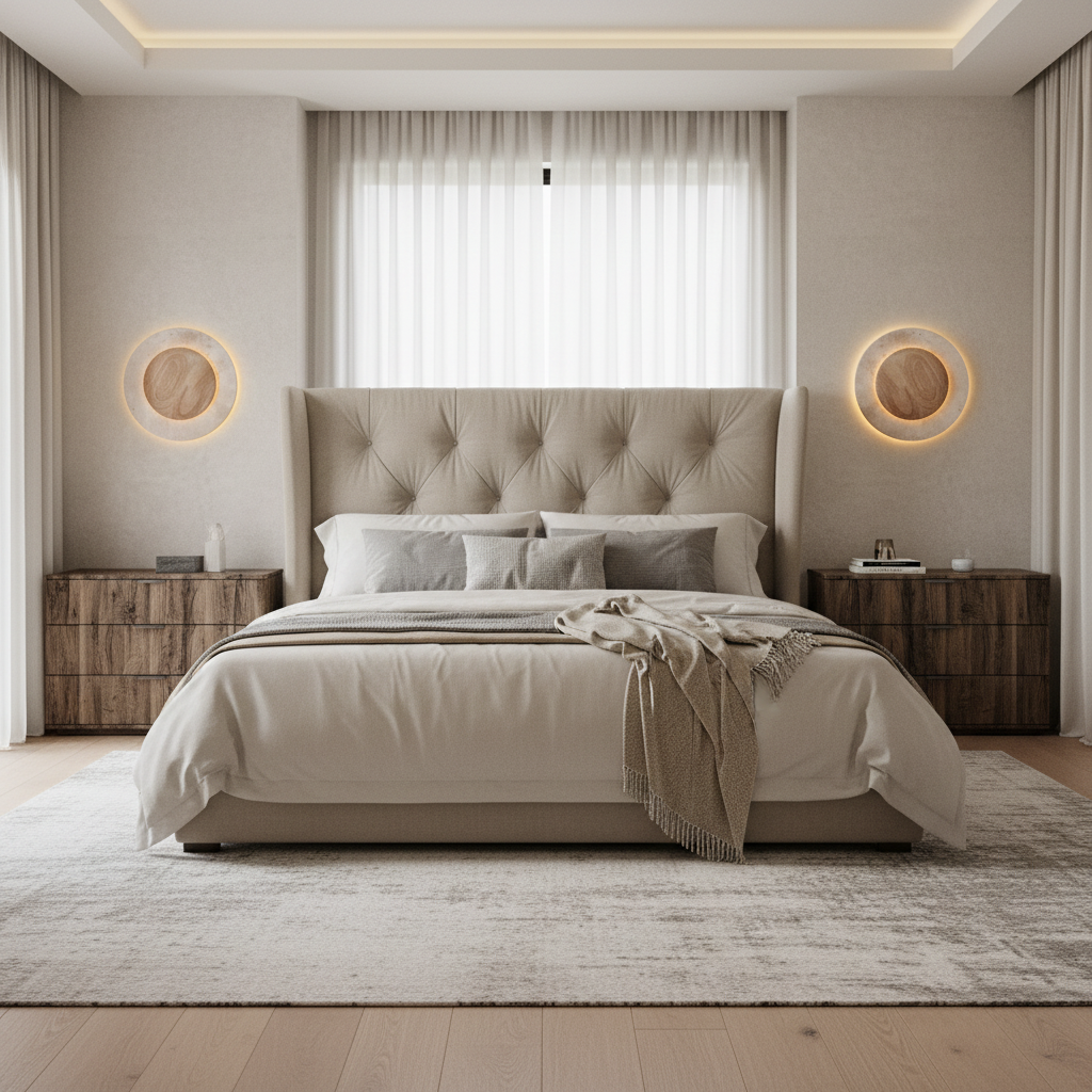 A modern bedroom featuring a large upholstered bed with beige bedding, a throw blanket, two wooden nightstands, Morsale.com’s Dario Travertine & Oak Wall Sconces, sheer curtains, and a light rug on wooden floors.