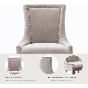 A close-up of the Chester Dining Chair from Morsale highlights its gray upholstery with decorative white stitching on the backrest and retro nailhead trim on the arms. Two zoomed-in insets showcase these modern details, emphasizing the chair's stylish aesthetic features.