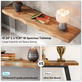 The Martin 47" Entryway Table by Morsale from Mainland China features a lamp, vase, and books. Measuring 47.24 by 11.81 inches, it offers a chemical-free, space-saving design with a sturdy 1.97-inch board labeled "Ours," compared to the thin 0.6-inch "Other" board.