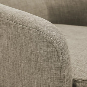 Close-up of Morsale's Swivel Barrel Accent Chairs, featuring gray textured upholstery and a 360° swivel base. Highlights include rounded armrests, stitching detail, and a plush design, blending style with ergonomic support.