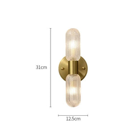 An image displaying product parameters for the Morsale Palermo 12" Brass Wall Light Sconce. Featuring modern design with a brass base and two cylindrical glass bulbs. Dimensions: 31 cm high and 12.5 cm wide. It uses a G9 light source, offering warm lighting best suited for spaces of 5-10 square meters.