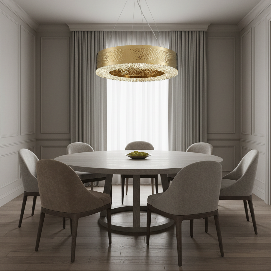 
                  
                    A modern dining room with a round wooden table, six upholstered chairs, and neutral walls features the Morsale Alleri Modern Chandelier as its luxury lighting. Sheer curtains frame the large window, and a bowl of green apples sits on the table.
                  
                