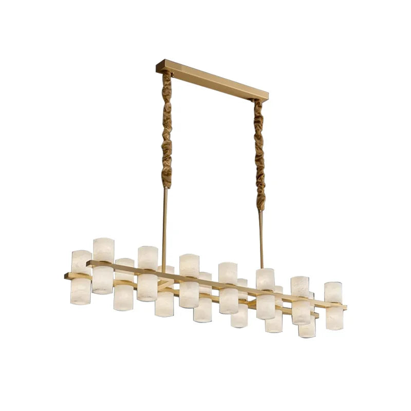 The Moonshade Marble & Copper Chandelier by Morsale is a contemporary masterpiece, featuring LED bulbs that illuminate multiple frosted cylindrical glass shades, beautifully suspended by twisted cords. This modern rectangular chandelier is finished in gold, epitomizing elegance in every detail.