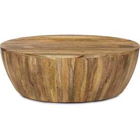 The Morsale Mango Wood Goa Coffee Table features a round design with a smooth, flat top and natural wood grain texture. Its slightly tapered base enhances its modern style, while the varied wood shades add depth and character.