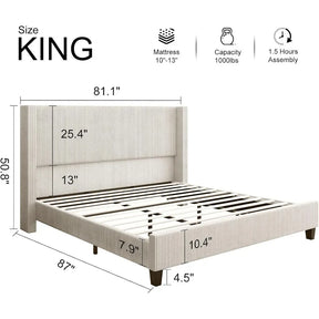 The Morsale Corduroy Bed with Wingback Headboard is a king-size frame featuring a padded headboard, measuring 81.1" W x 87" L x 50.8" H, supporting mattresses of 10"-13", and has a weight capacity of 1000 lbs. It offers easy assembly in just 1.5 hours.