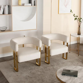 Two Morsale Velvet Accent Chairs with gold legs sit on a beige rug in a stylish living room. A round marble coffee table holds a closed book. Shelves with decor are visible in the background, along with a small table featuring a vase with branches.