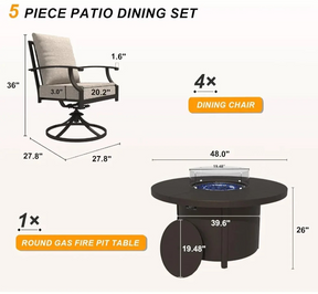 Illustration of Morsale's Westhill 5-Piece Patio Furniture Set with Fire Pit, featuring four swivel dining chairs with cushions and a round gas fire pit table. Dimensions and quantities are labeled, showcasing style, layout, and easy assembly.