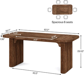 The Morsale York 63" Dining Table features a modern rectangular wooden design, measuring 62.2 inches long, 30.7 inches wide, and 29.53 inches high. It seats six comfortably and includes detailed diagrams for easy assembly.