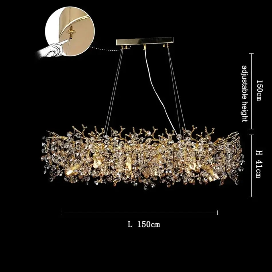 A luxurious Albero Crystal Dining Room Chandelier by Morsale.com, with ornate gold branches and sparkling crystals, measuring 150 cm in length and 41 cm in height, with an adjustable hanging height of 150 cm. An illustration shows the chandelier being installed.
