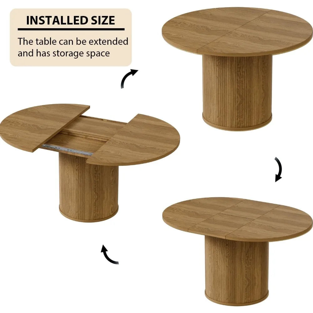 The Morsale Barrow Extendable Dining Table, crafted from engineered wood, features a modern design with three stages: closed, partially open with storage revealed, and fully extended into an oval. Arrows show its extendable feature from closed to open.
