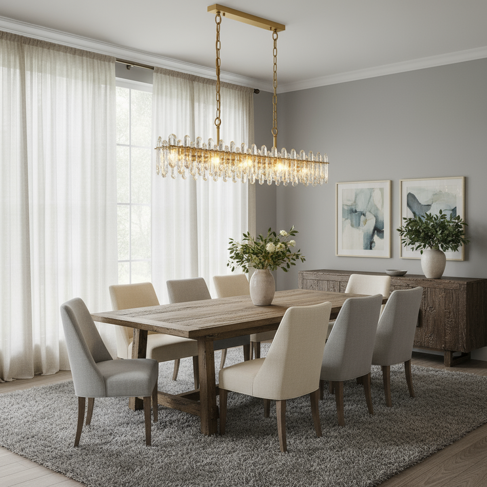 A modern dining room with a wooden table, eight upholstered chairs, the Marini Crystal Dining Room Chandelier by Morsale.com, light gray walls, abstract artwork, a sideboard, potted plants, and large windows with sheer curtains.