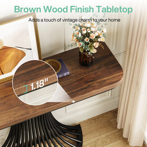 Top view of the Hinton 39-Inch Entryway Table by Morsale, showcasing a brown wood finish with modern design, accented by a vase of flowers and an abstract painting. Text highlights its 1.18-inch thickness, chemical-free build, and vintage charm.
