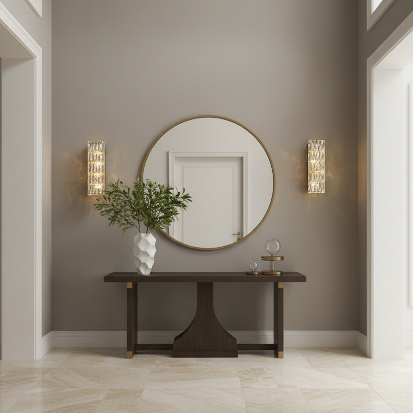 A modern entryway showcases a round gold-framed mirror above a dark wood console and a geometric white vase with green branches. On either side, Morsale’s Bacci Crystal Wall Sconces add sparkling modern lighting.