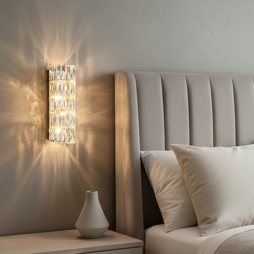 The Morsale Bacci Crystal Wall Sconce emits warm light above a beige nightstand with a minimalist vase, next to a bed featuring a padded, vertically upholstered headboard and neutral bedding.