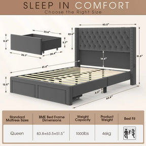 The Gio Velvet Queen Bed by Morsale measures 83.8x63.5x51.5 inches, featuring a tufted headboard, velvet upholstery, and two storage drawers. It supports up to 1000 lbs and weighs 46 kg. Text reads "Sleep in Comfort: Choose the Right Size.