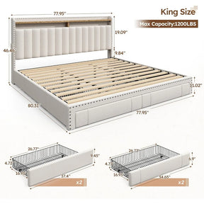 The Morsale Alto King Size Bed Frame with Storage features a modern wood design, painted finish, padded headboard, and slatted base measuring 77.95" x 77.95". It includes two integrated storage drawers, each 37.4" wide and 6.46" high for extra convenience.