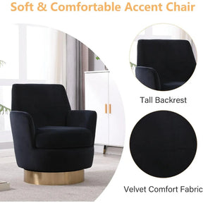 A promotional image of the Morsale Velvet Swivel Lounge Chair showcases its tall backrest and plush velvet fabric on a gold swivel base. Perfect for modern style, the chair set is displayed in a living room with a white cabinet and bright window, emphasizing its softness and comfort.