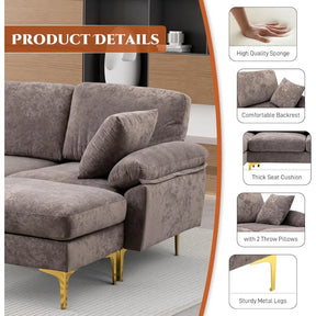The Morsale U-Shaped Sectional Sofa Couch in modern gray velvet and gold metal legs features a comfy backrest, thick seat cushion, high-quality sponge, and includes two pillows. Easy to assemble with sturdy legs for durability, highlighted through close-up image collages.